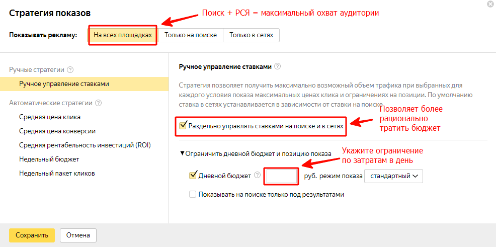 Настройка показов в Яндекс Директ