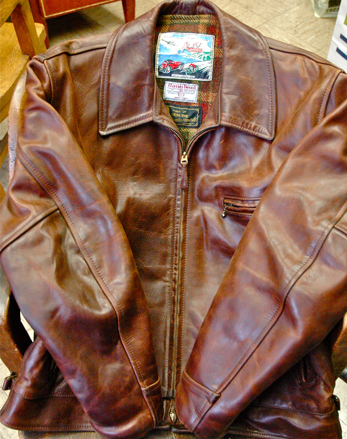 Кожаная куртка Aero Horween Horsehide Chromexcel с подкладкой из шерсти Harris Tweed, коричневая