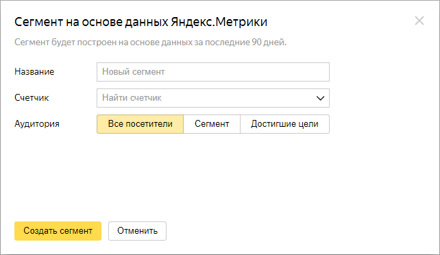 Яндекс Аудитории – сегмент на основе данных Яндекс Метрики