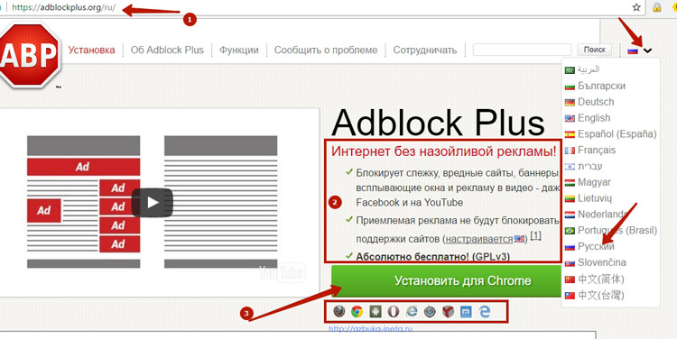 Сайт расширения для блокировки рекламы - Adblock Plus