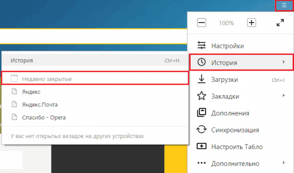 Меню Yandex.Browser.