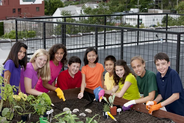 Группа этнически разнообразным посадки сада на крыше городских детей — стоковое фото