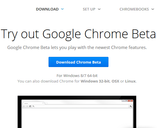 Страница загрузки бета-версии Google Chrome
