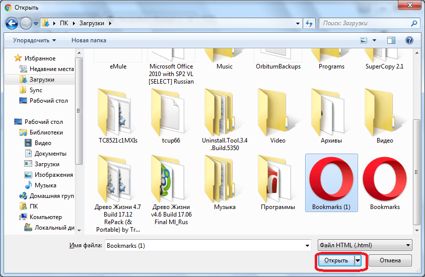 Выбор файла закладок Opera в Google Chrome