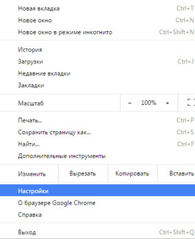 Меню настройки и управления Google Chrome