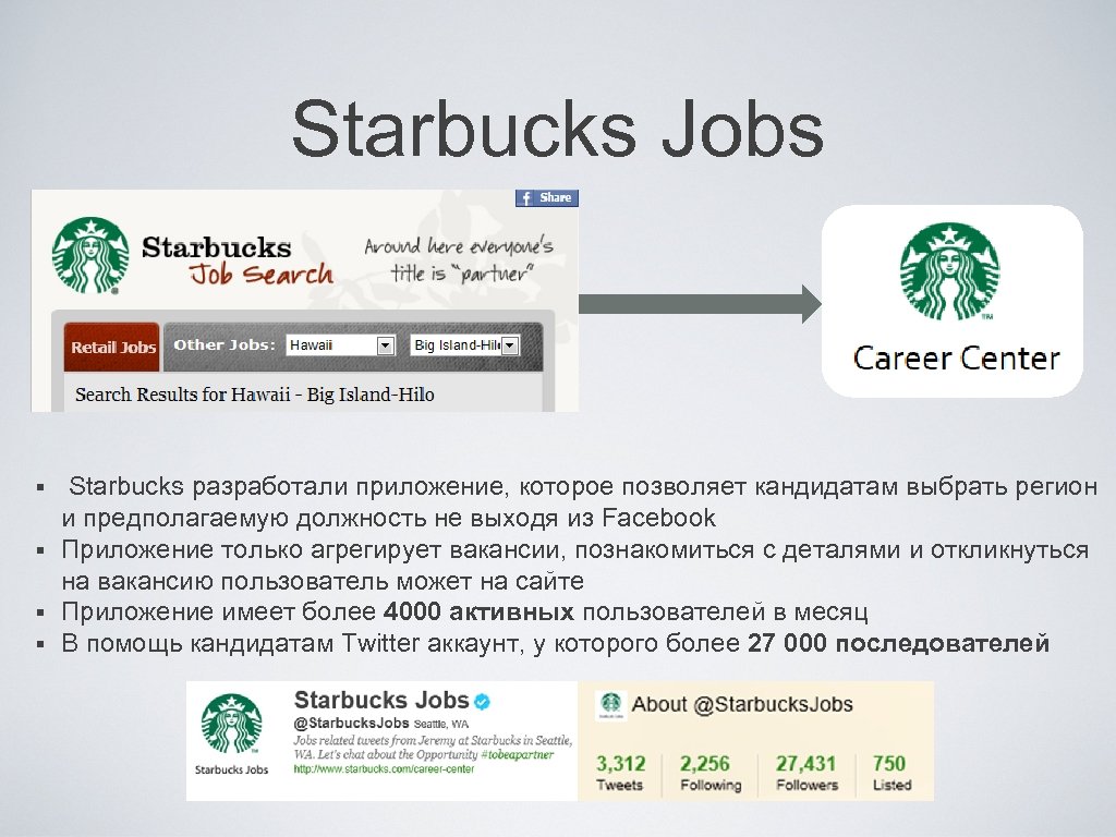 Starbucks Jobs Starbucks разработали приложение, которое позволяет кандидатам выбрать регион и предполагаемую должность не