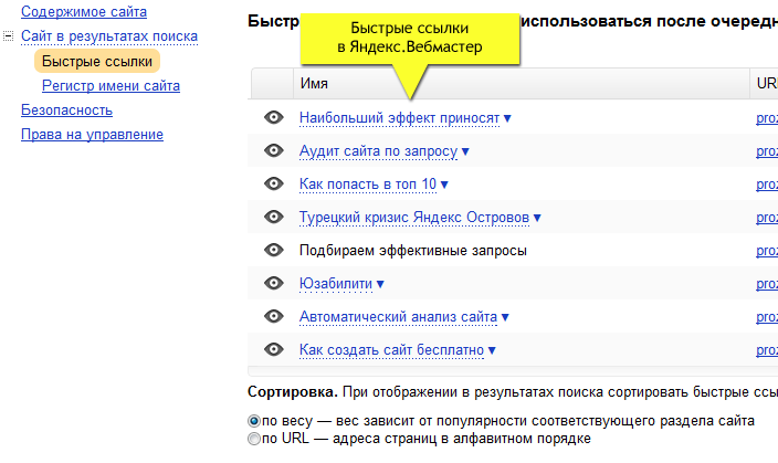 Быстрые ссылки в Яндекс.Вебмастер