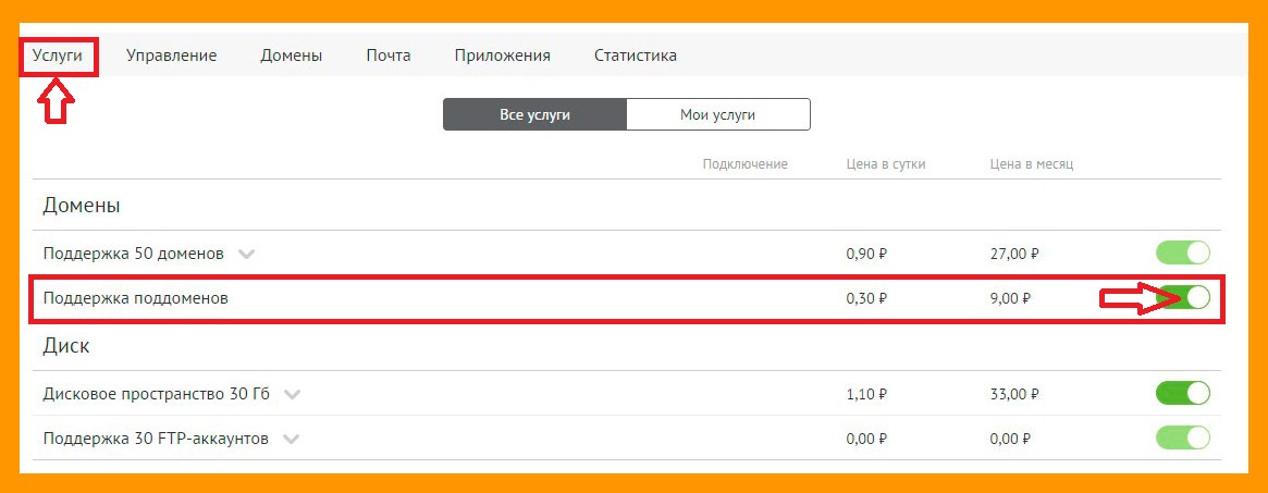 Подключение услуги поддержки поддоменов на jino.ru