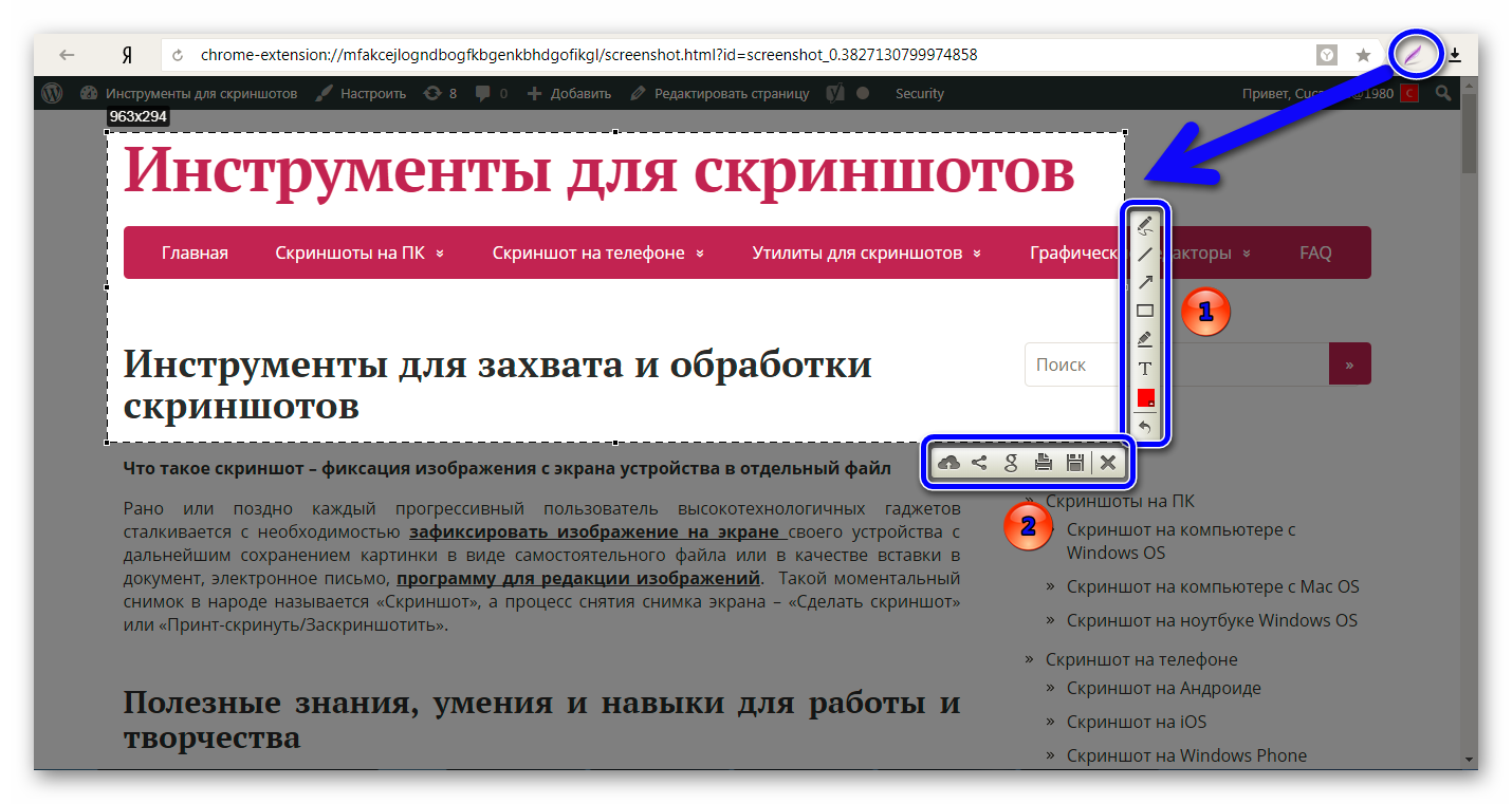 Скриншот расширением lightshot в Яндекс браузере