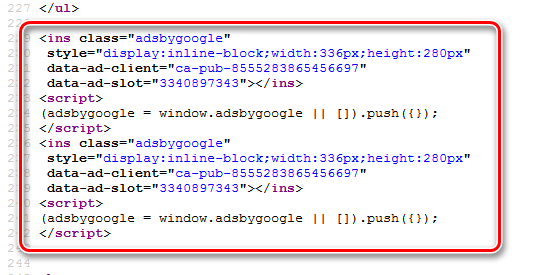 Код объявления системы AdSense в исходном коде сайта