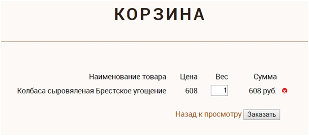 Реализация корзины в интернет-магазине колбас и мясопродуктов