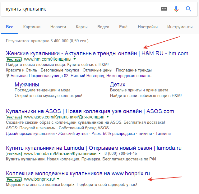 Объявления на поиске Гугл