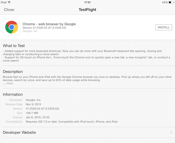 Бета-версия Google Chrome теперь доступна и для iOS