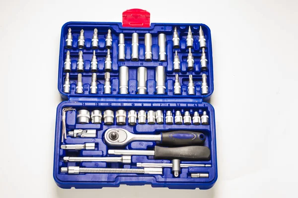 Automotive Tool Kit Chrome Vanadium Blue Case White Background Set — стоковое фото