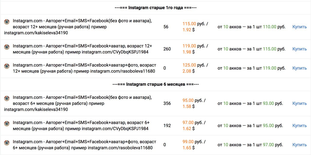 Примерно так выглядит торговля аккаунтами в Instagram